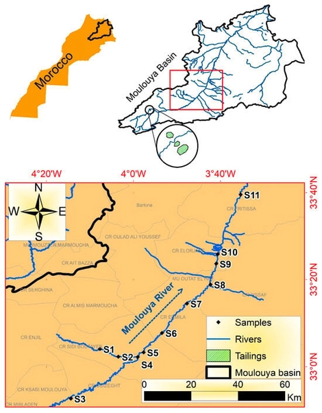 Studied area map showing surface water sampling station in the middle Moulouya basin (authors’ own work).