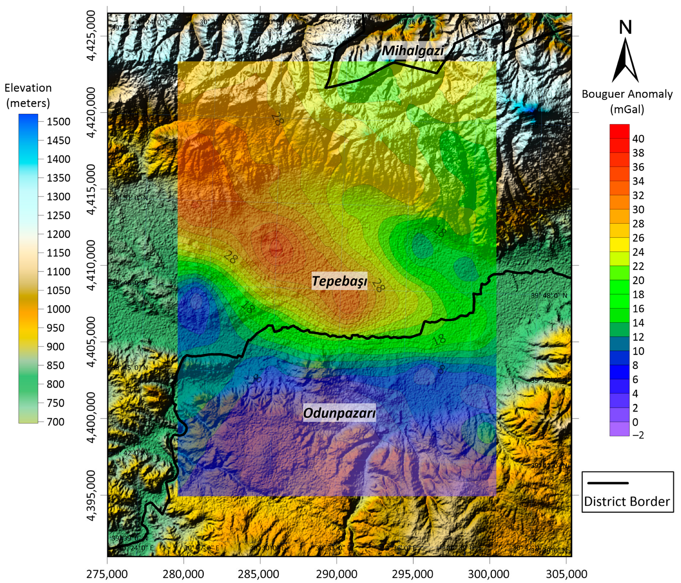 A) shows an elevation contour map created using gravity data. The