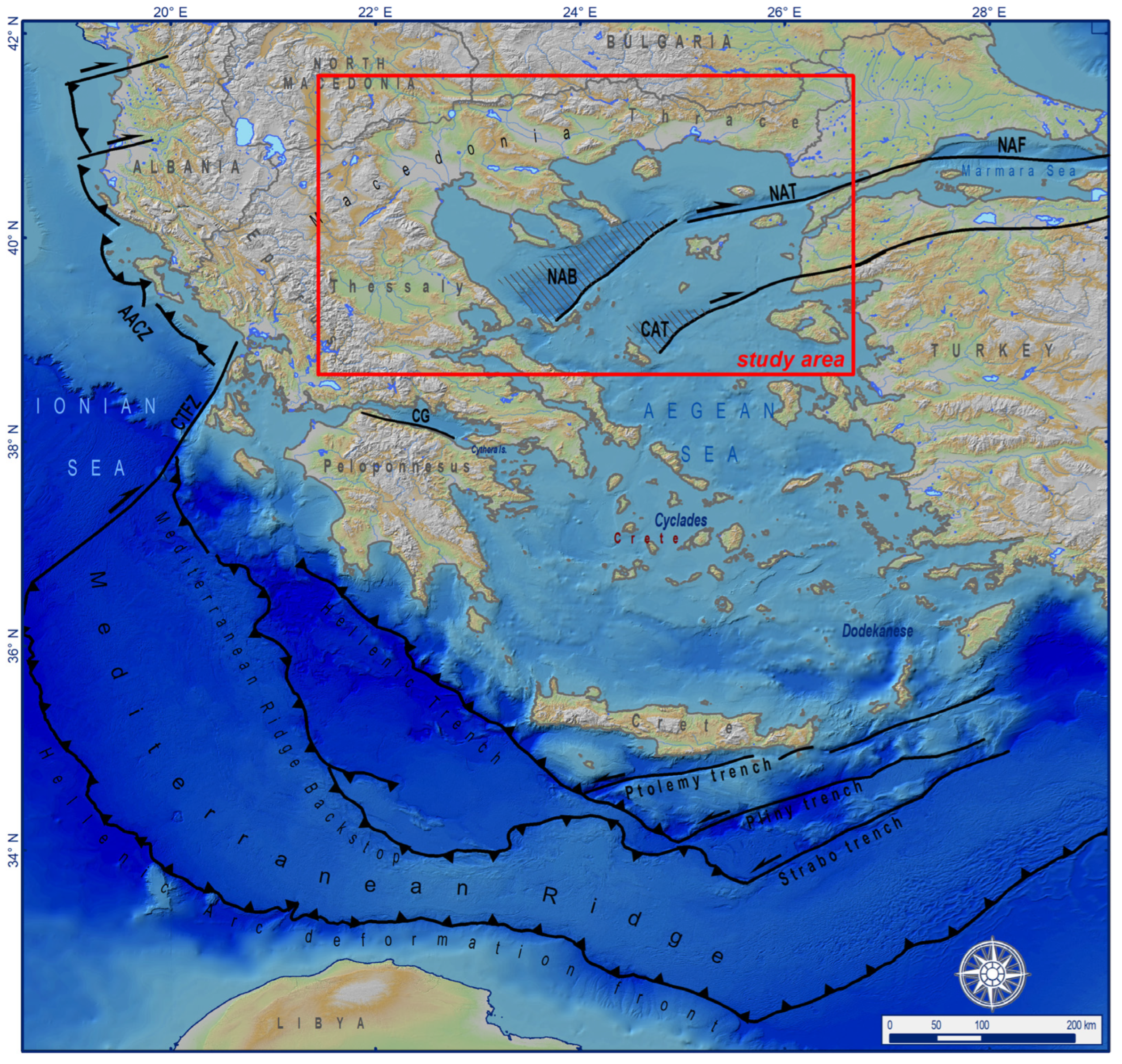 AACZ: Adria-Aegean Collision Zone, CTFZ: Cephalonia Transform Fault Zone, C...