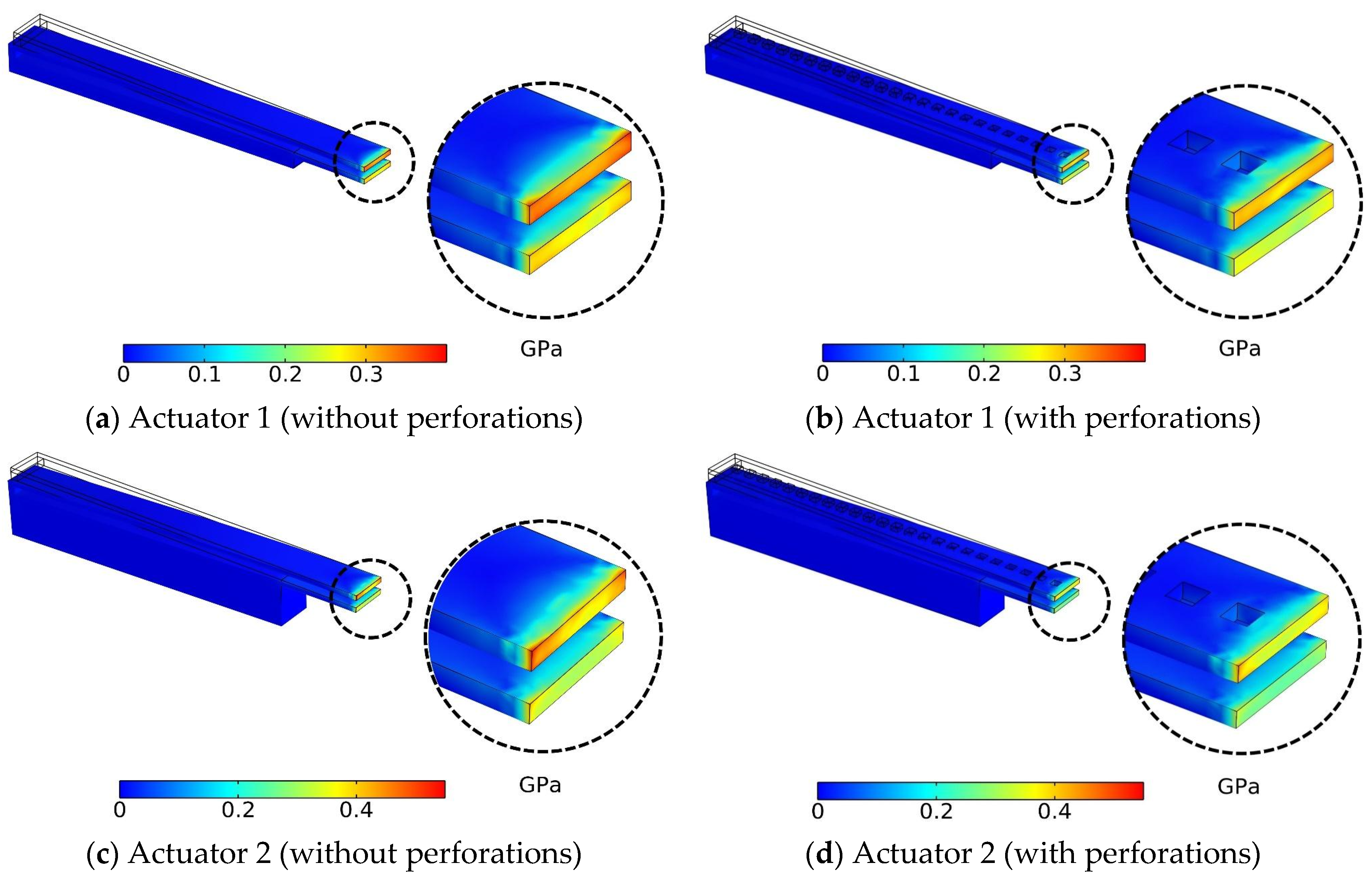 Double hot arm and U-shape flexural thermal actuators and their current