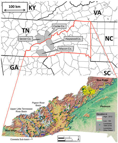 Map displaying locations of seven study sites in the Appalachian