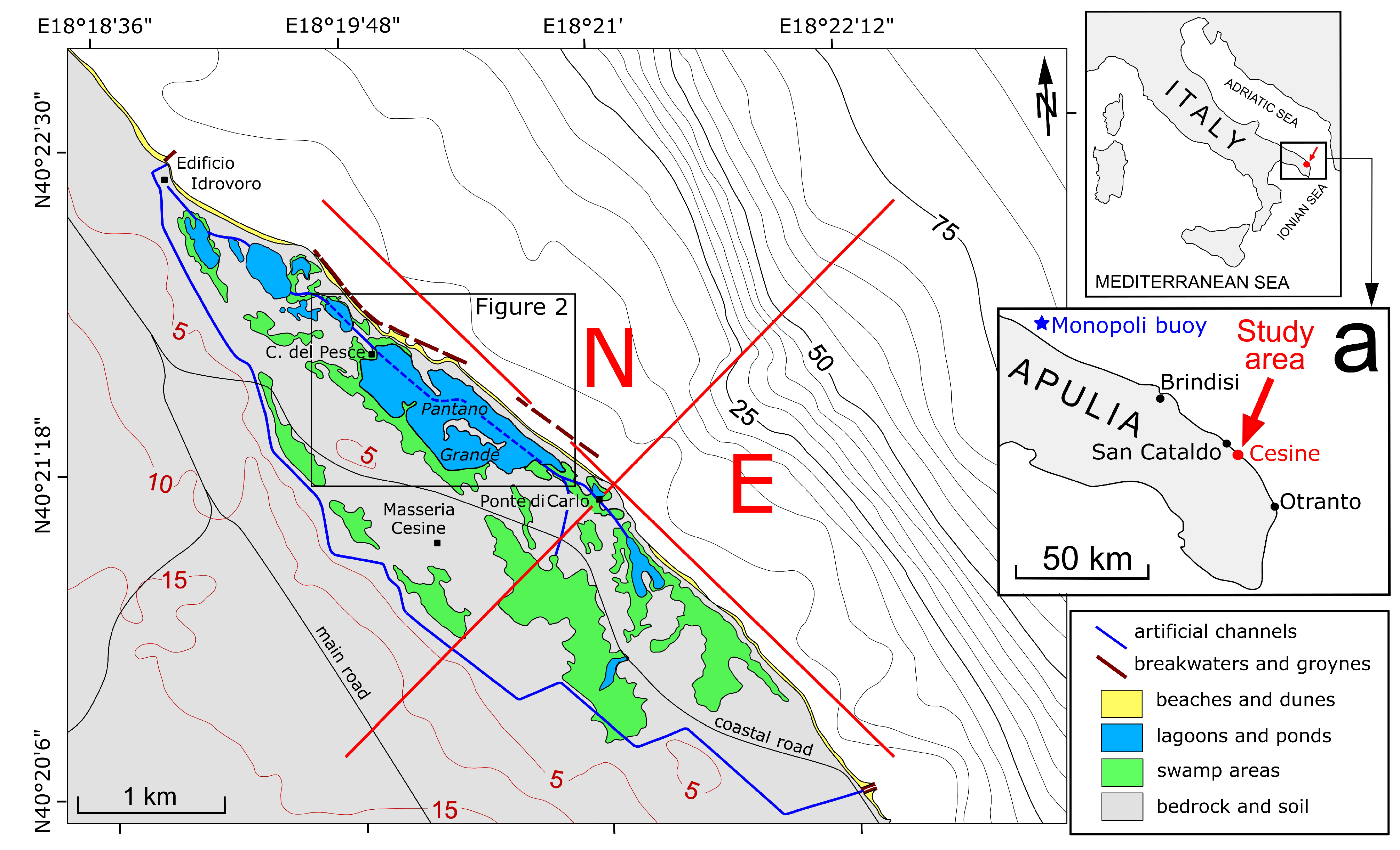 Isobaths, 50-m contour intervals, of the top of carbonates in the