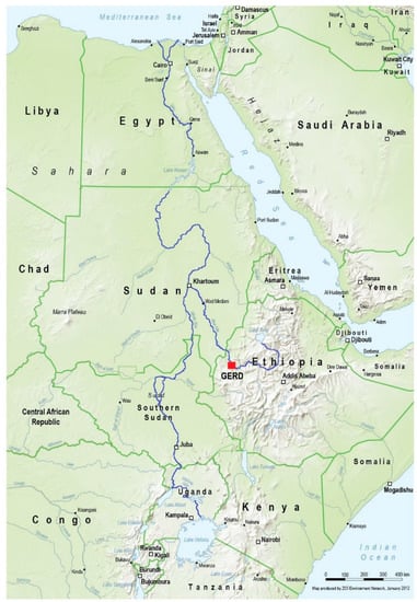The Nile River basin. including its 11 countries, capital cities, major
