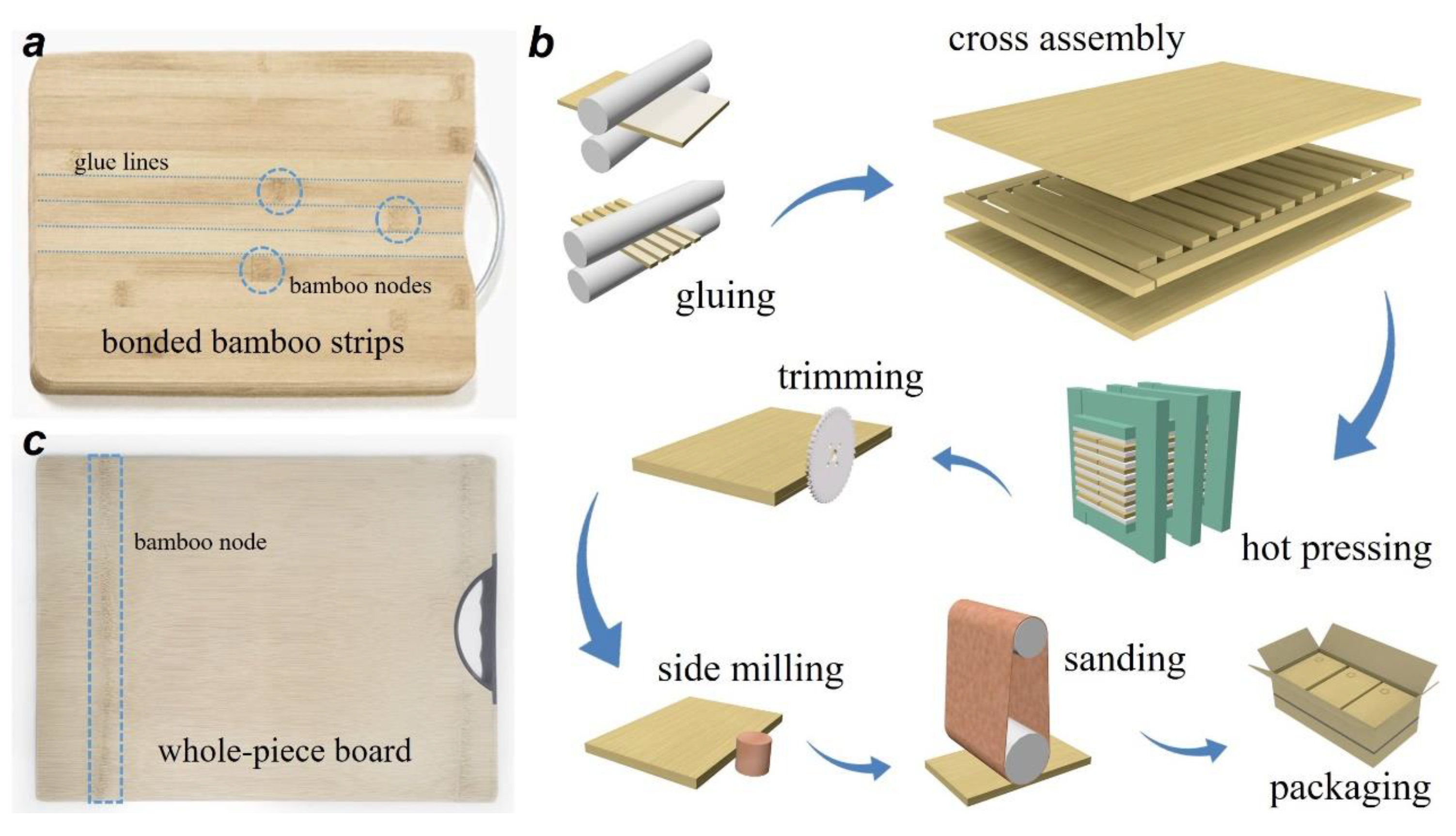 Side-pressing laminated bamboo lumber production process: (a) original