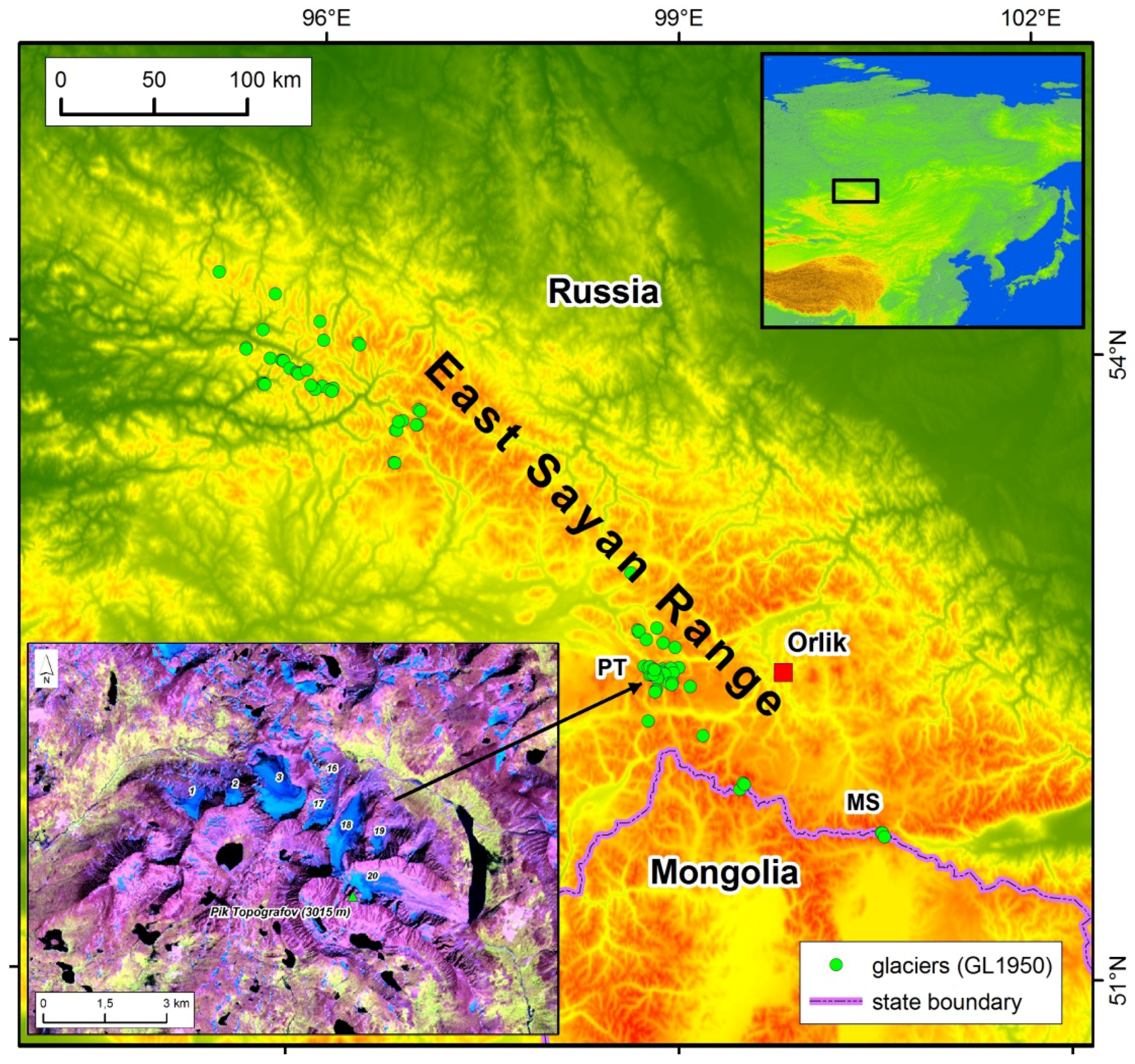 Geosciences | Free Full-Text | Glacier Changes on the Pik Topografov  Massif, East Sayan Range, Southeast Siberia, from Remote Sensing Data