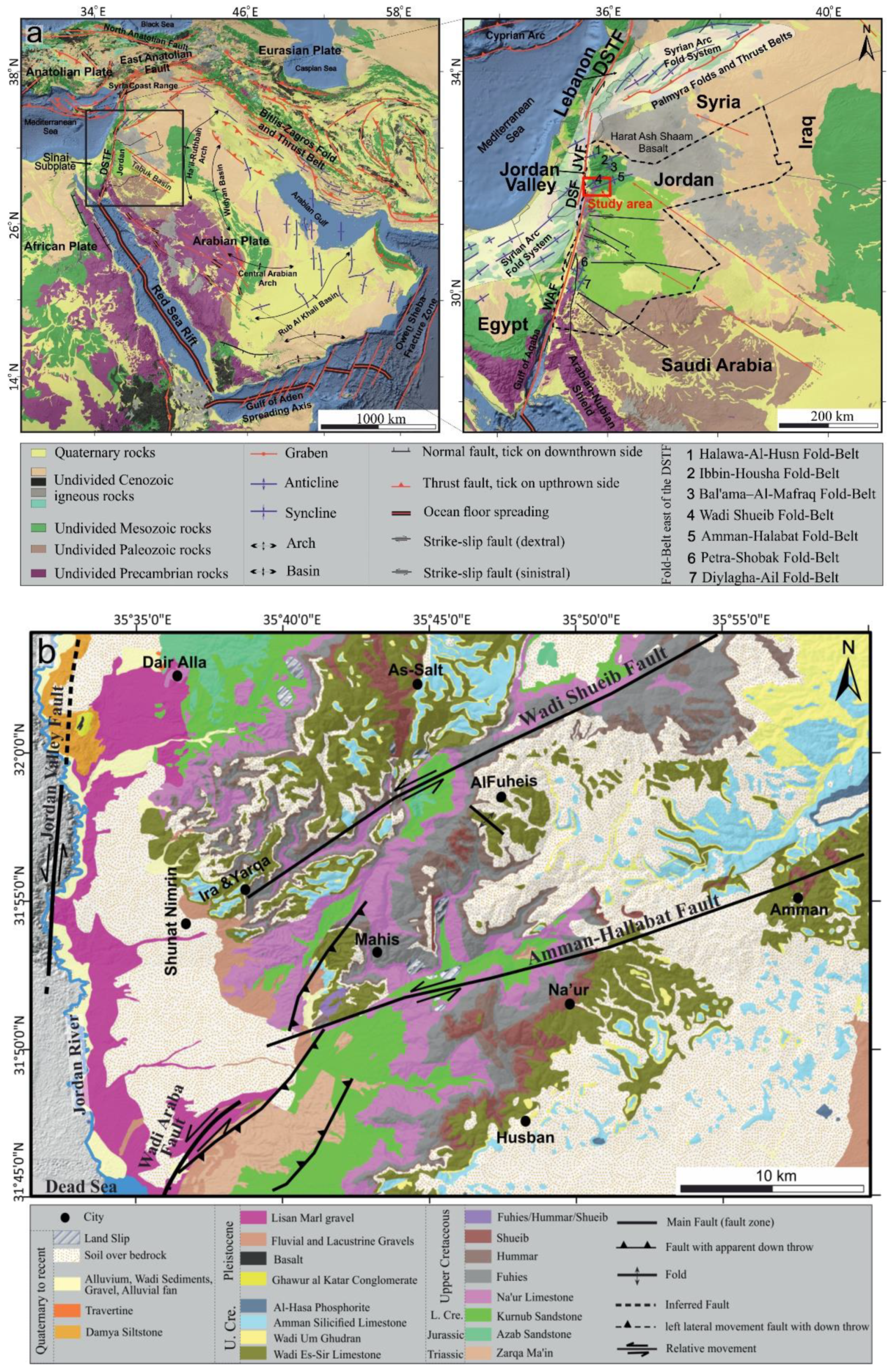 Geosciences | Free Full-Text | New Insights for Understanding the  Structural Deformation Style of the Strike-Slip Regime along the Wadi  Shueib and Amman-Hallabat Structures in Jordan Based on Remote Sensing Data  Analysis