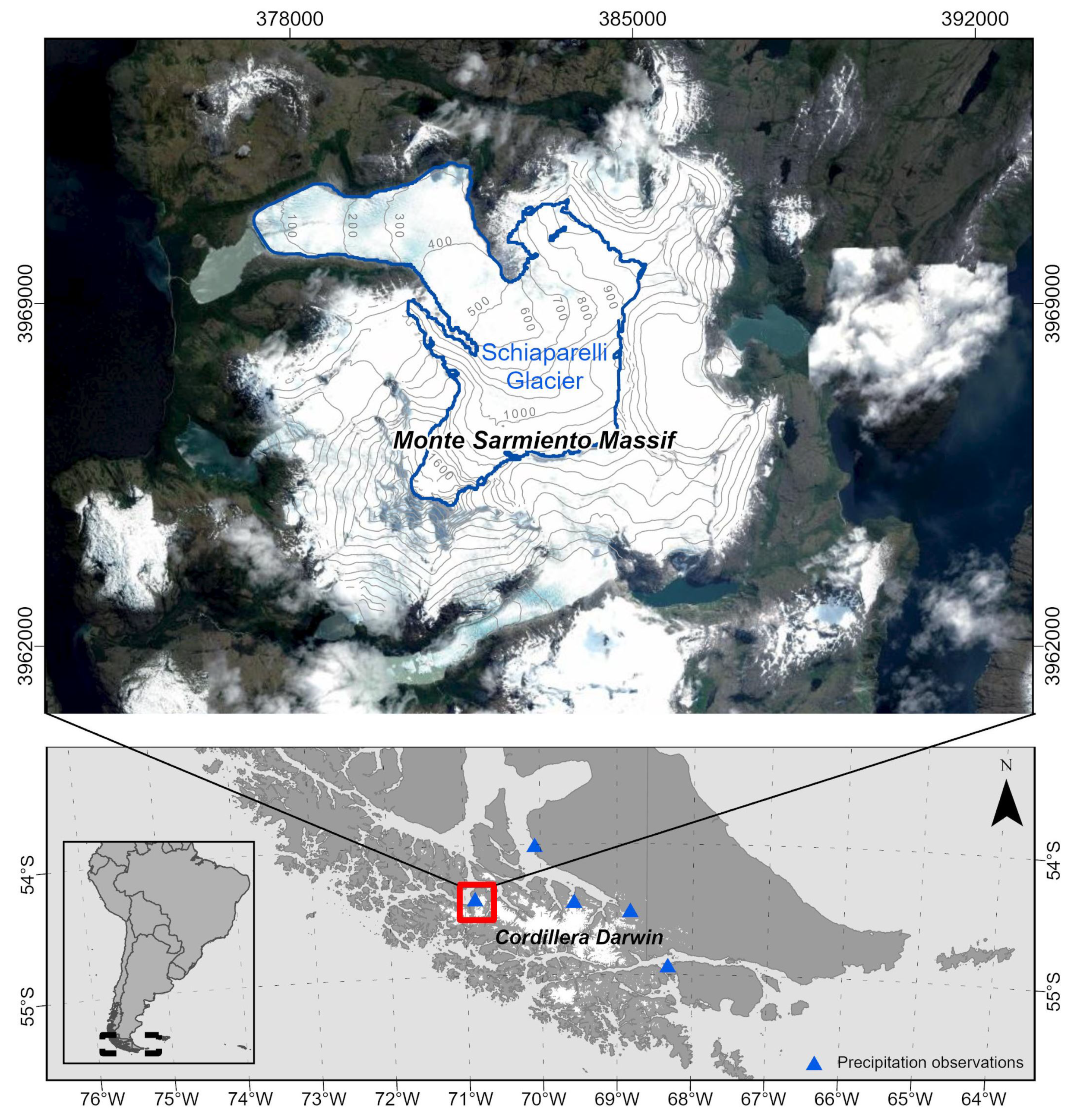 Bathymetric map of Laguna Potrok Aike with positions of obtained