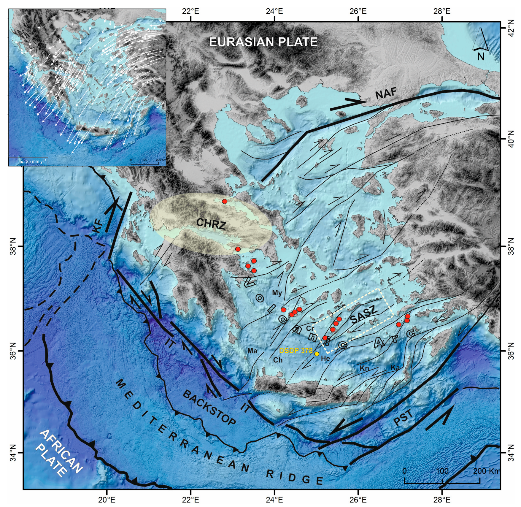 b: Tectonic map of North Evia Gulf. Bathymetry from Alexandri et al