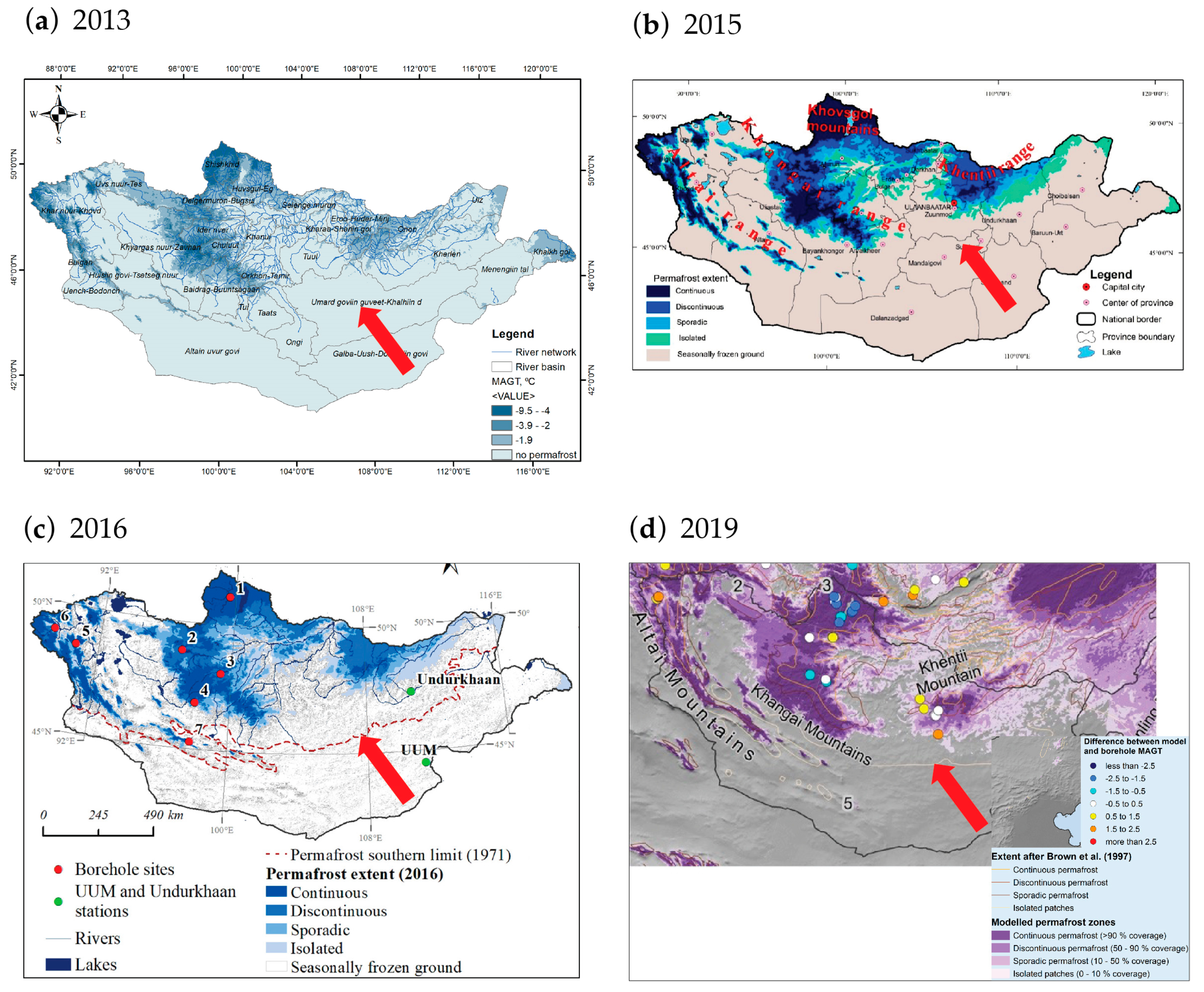 Prediction of permafrost extent for Teller 27 (a), (d), Kougarok (b)