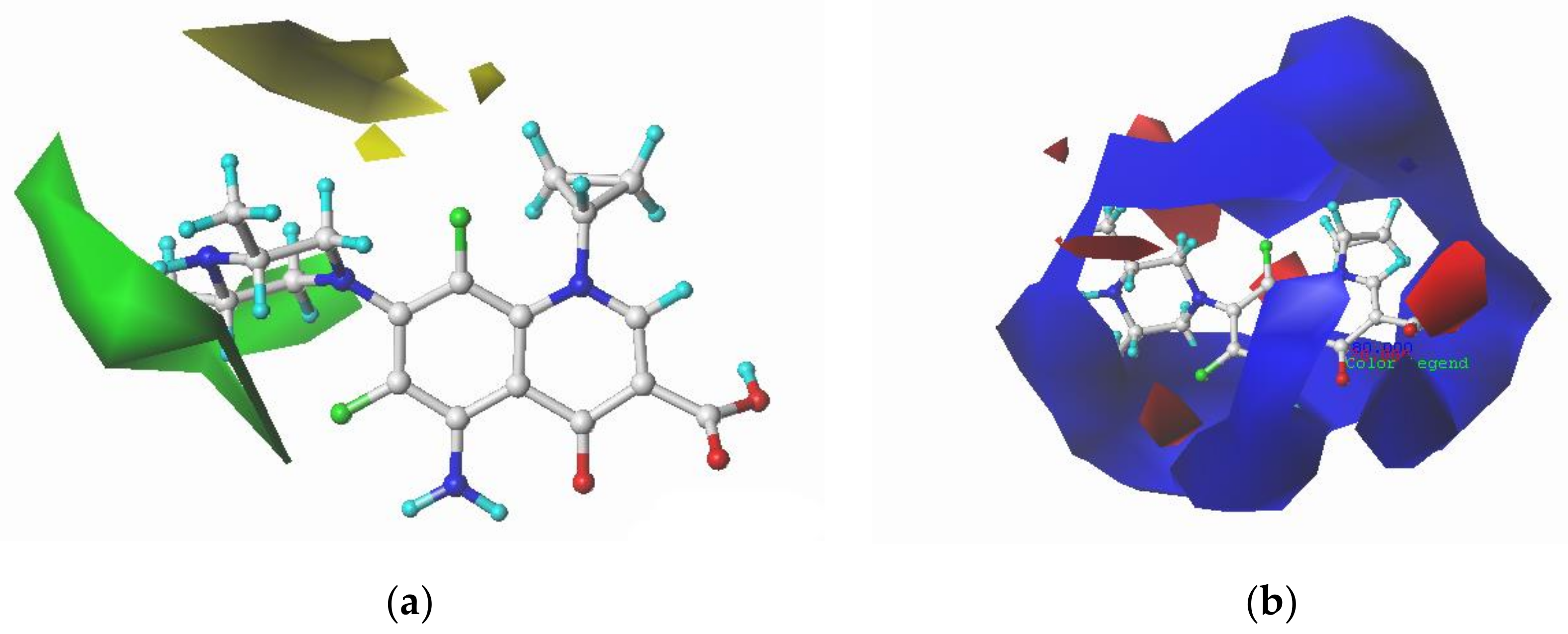 HQSAR contribution maps of compound B-12(A), B-2(B), P-41(C), B-10(D)