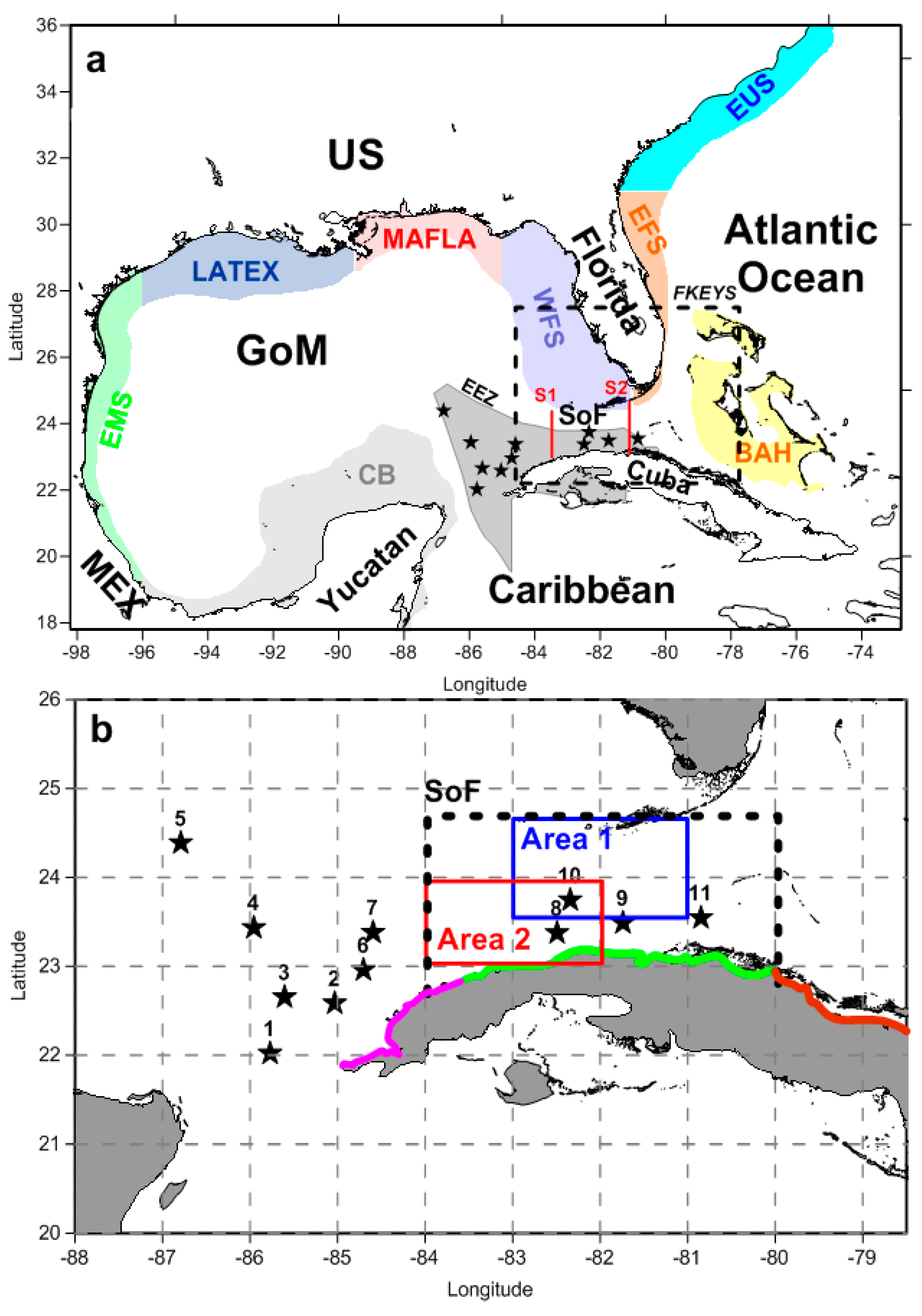 U.S. Gulf of Mexico EEZ (red line) showing areas where deep-sea