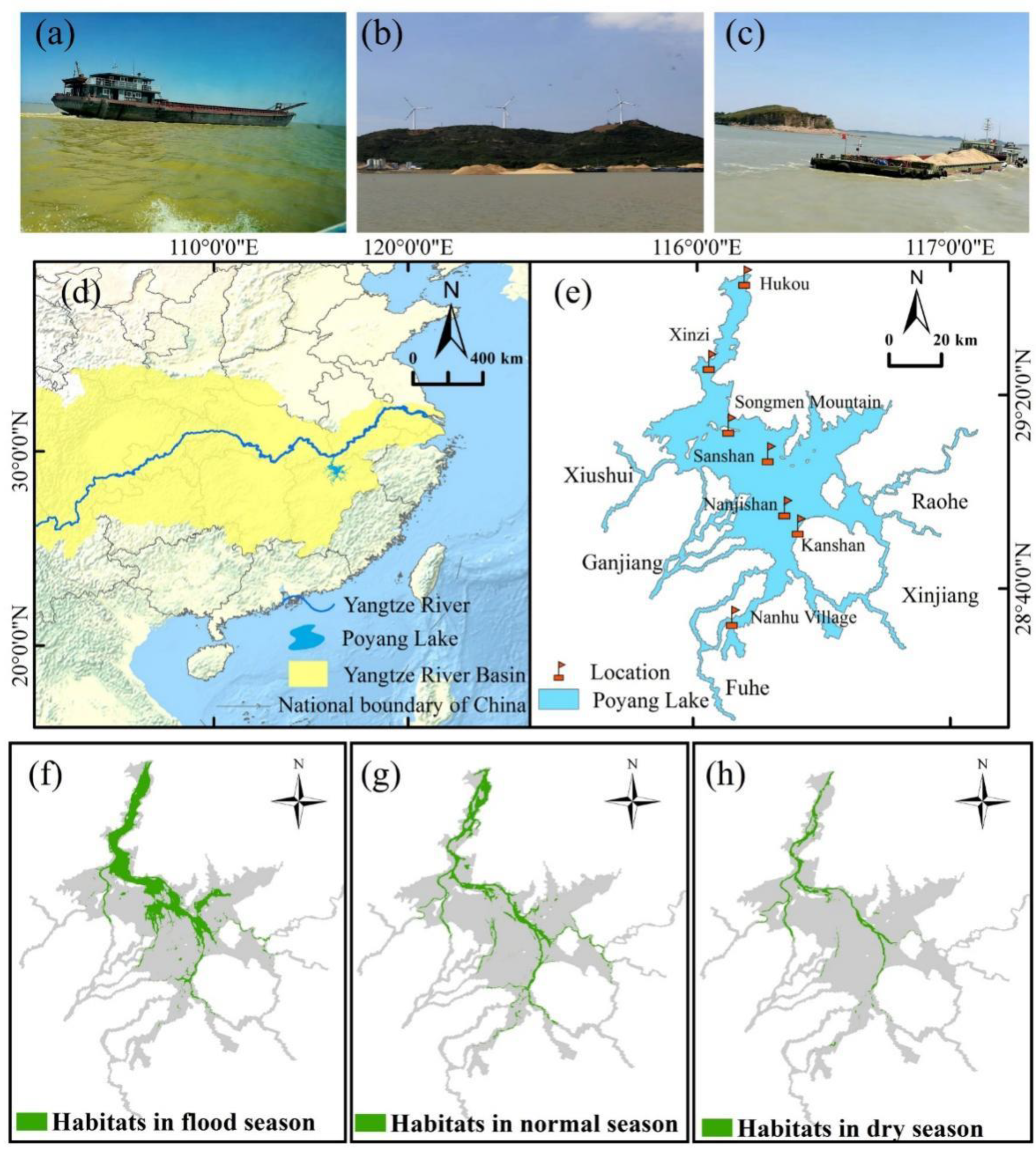 Fishing nets type and location in Poyang Lake area (a) and south