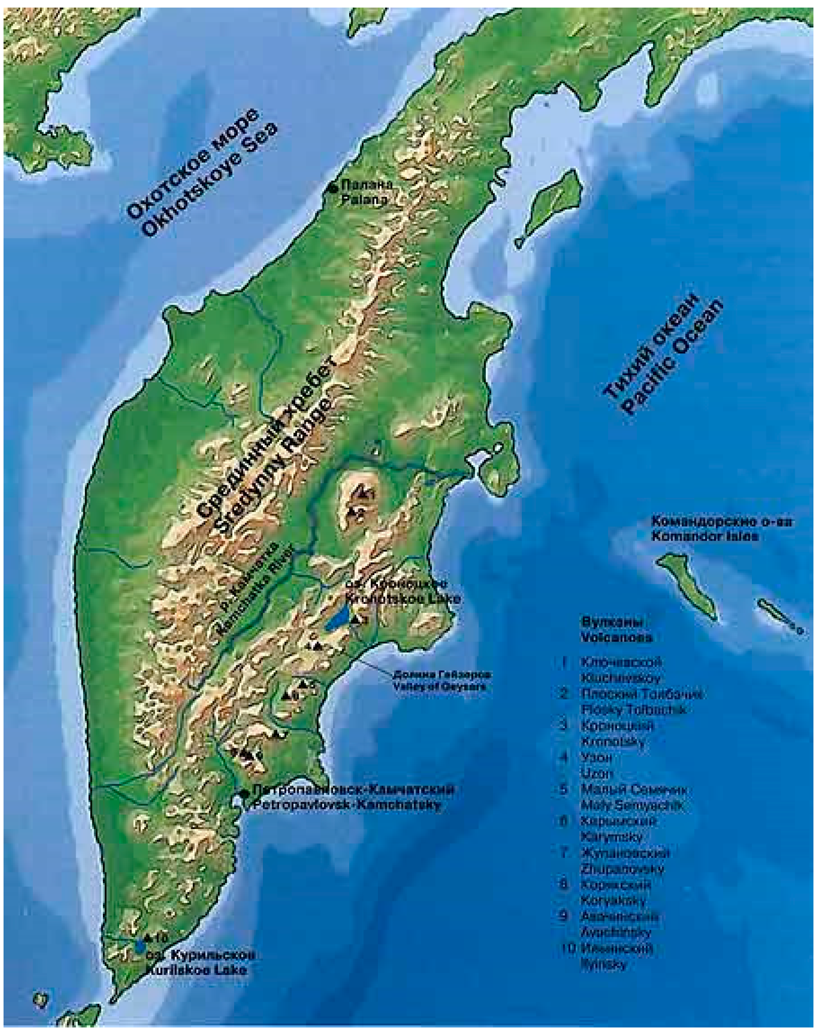 Карта полуострова камчатка с вулканами