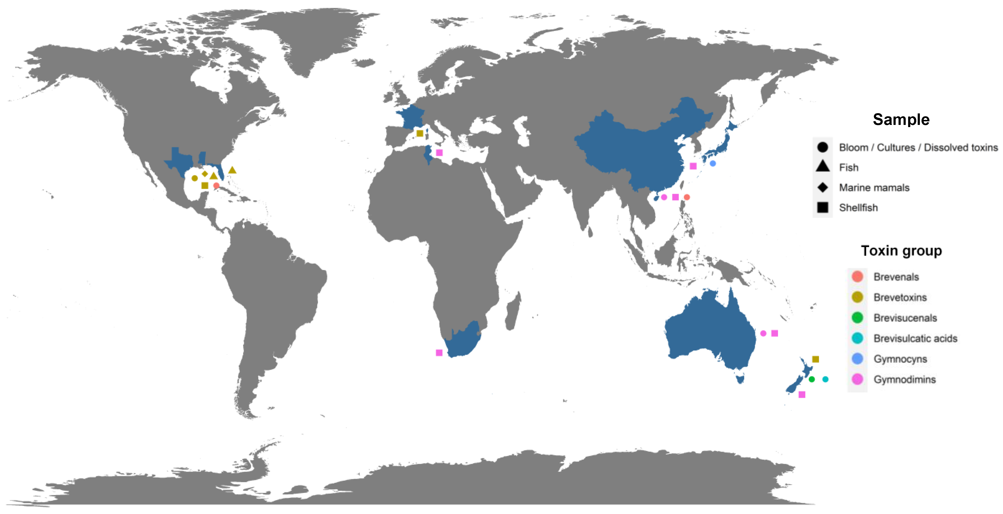 3 Distribution map of the nine toxic species of the genus