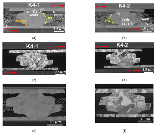 Microscope image of electromigration-induced hillock and void