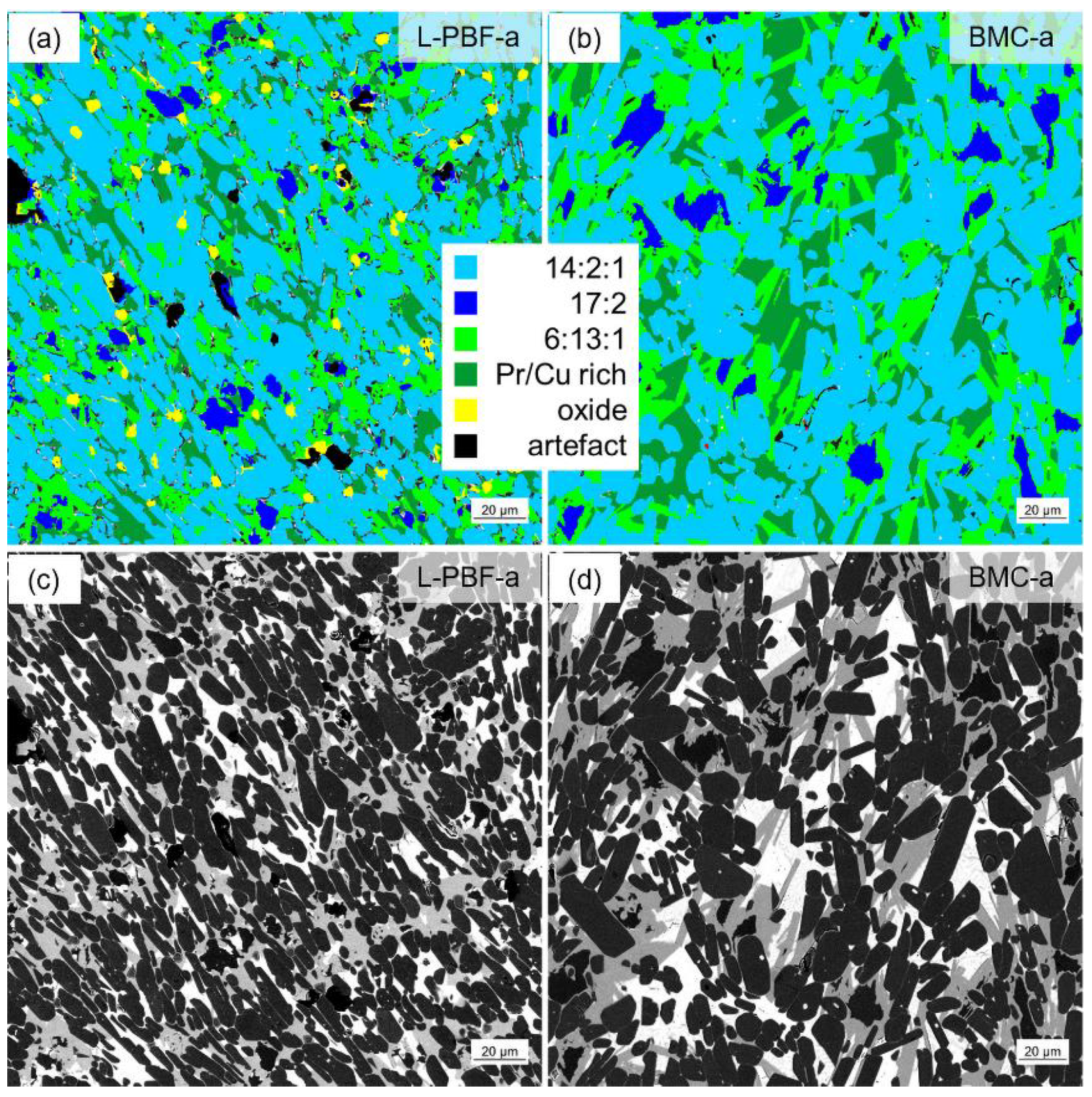 Surface microstructure of magnets: a, b blank magnets(700 °C); c, d Pr