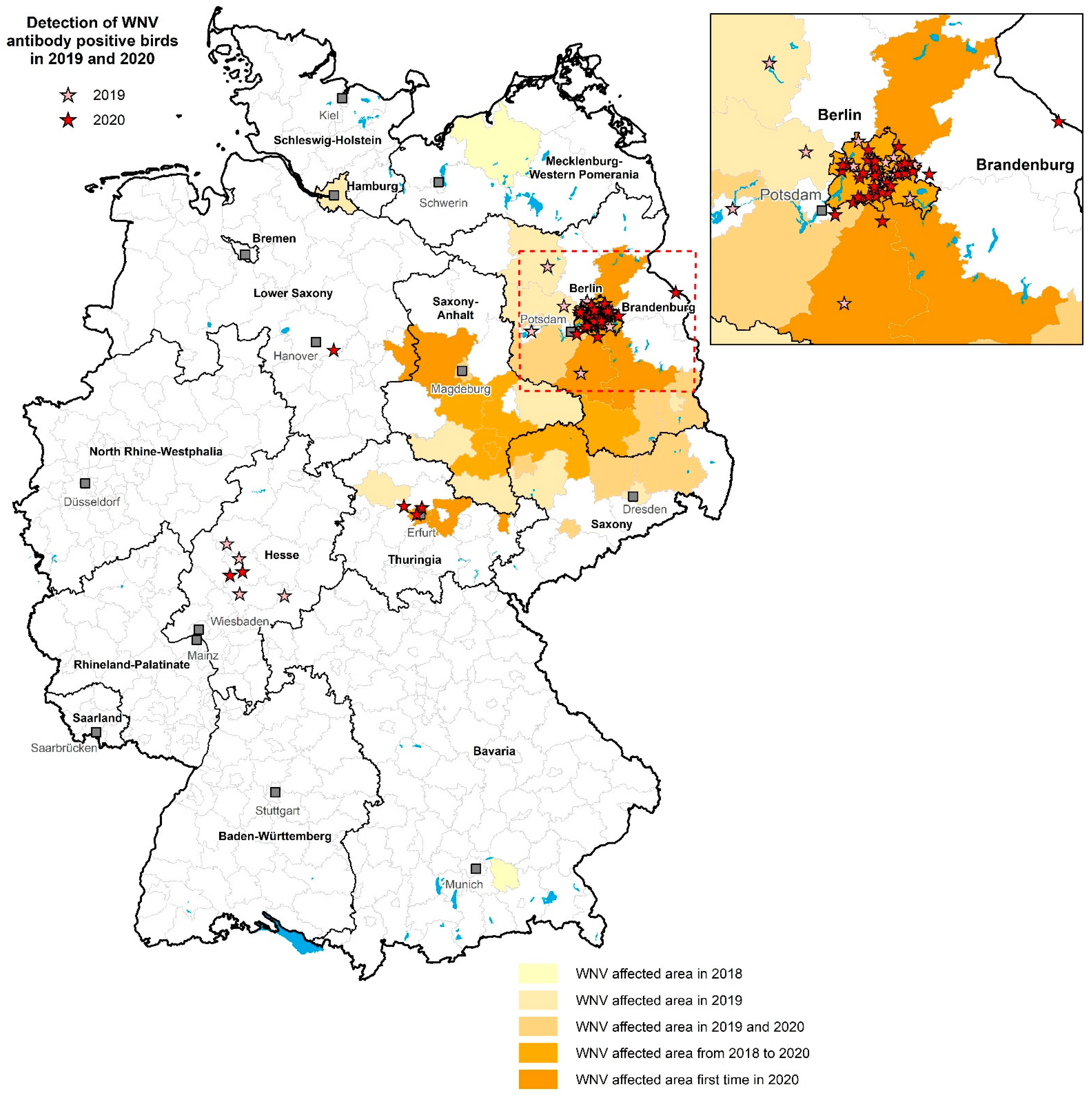 Microorganisms | Free Full-Text | Spread of West Nile Virus and Usutu Virus  in the German Bird Population, 2019&ndash;2020 | HTML