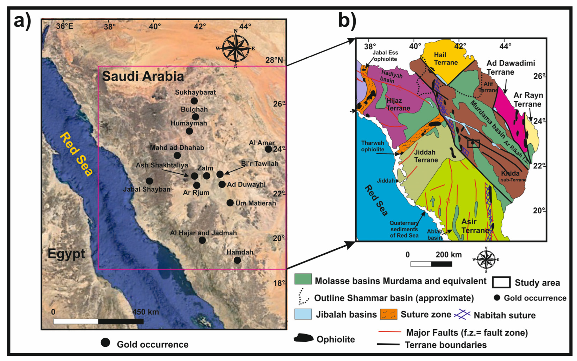 a Geologic map of the environs of the gold deposits and