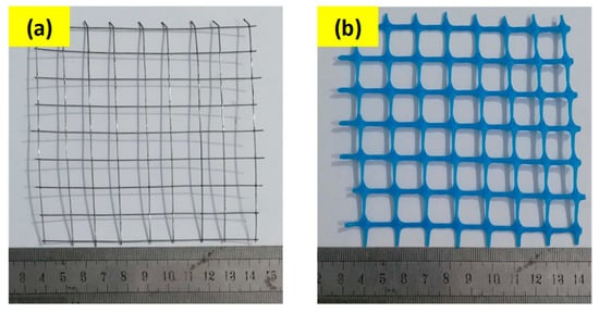 A piece of plastic mesh with small square meshes on gray background.