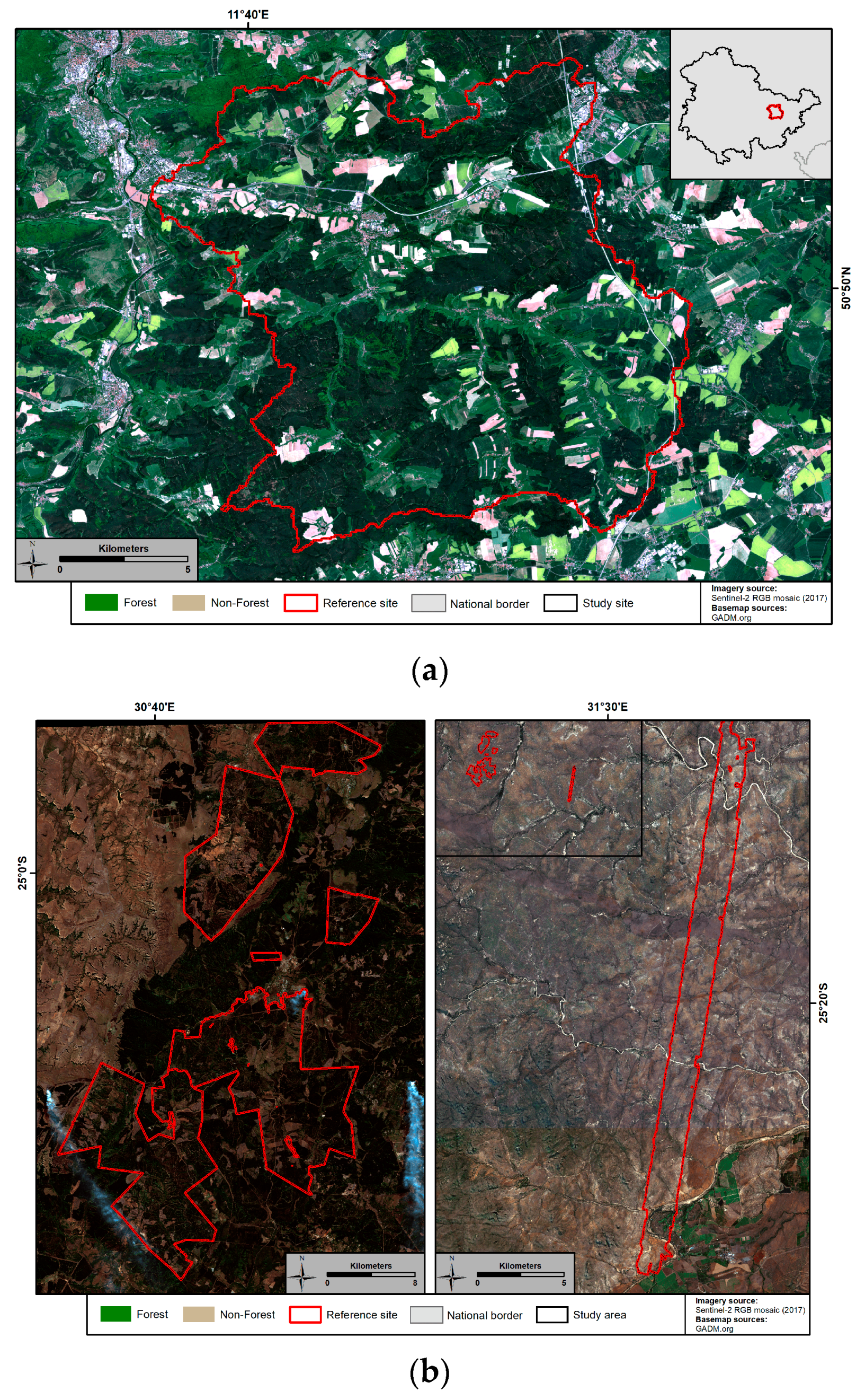 Forest types under the study. a Site 1; b Site 2; c Site 3; d Site 4; e