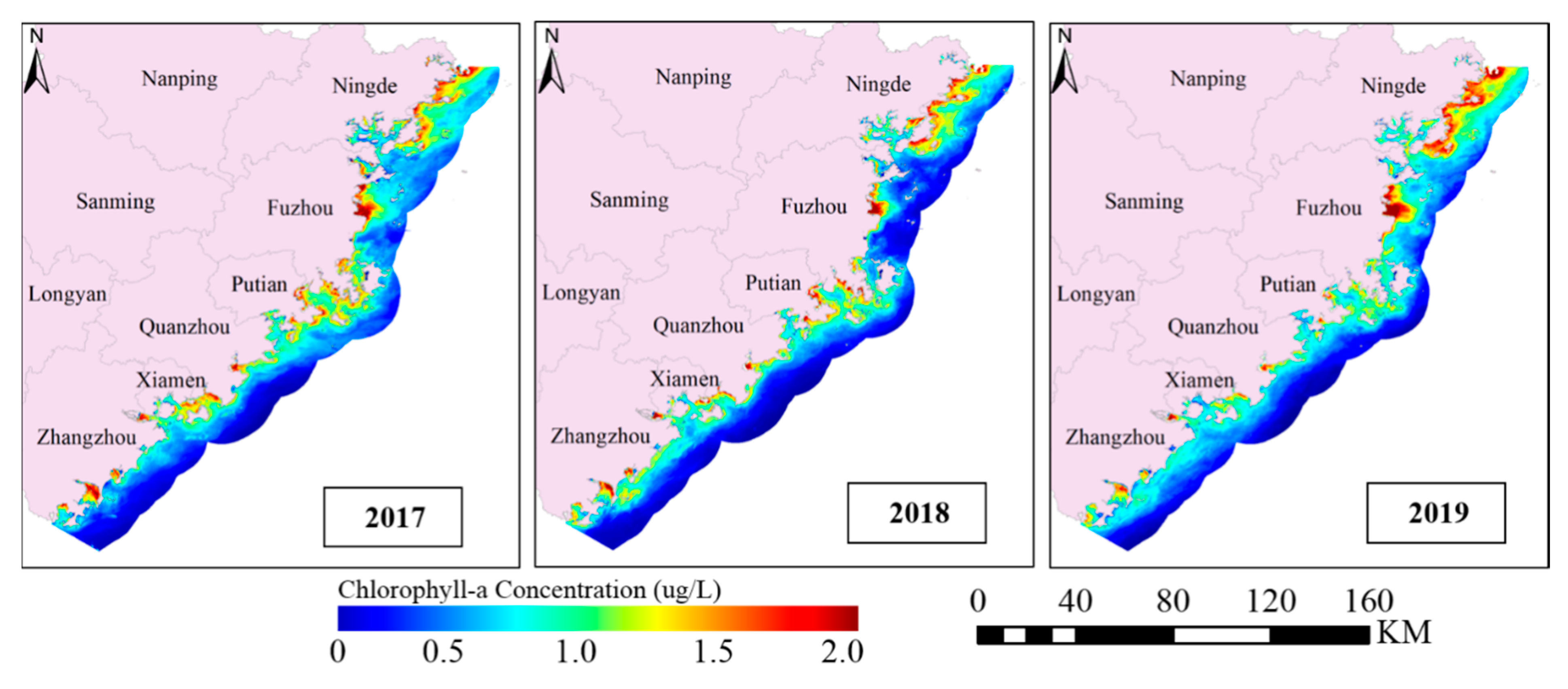 Spatial-temporal distributions of chlorophyll a content (μg/L) in