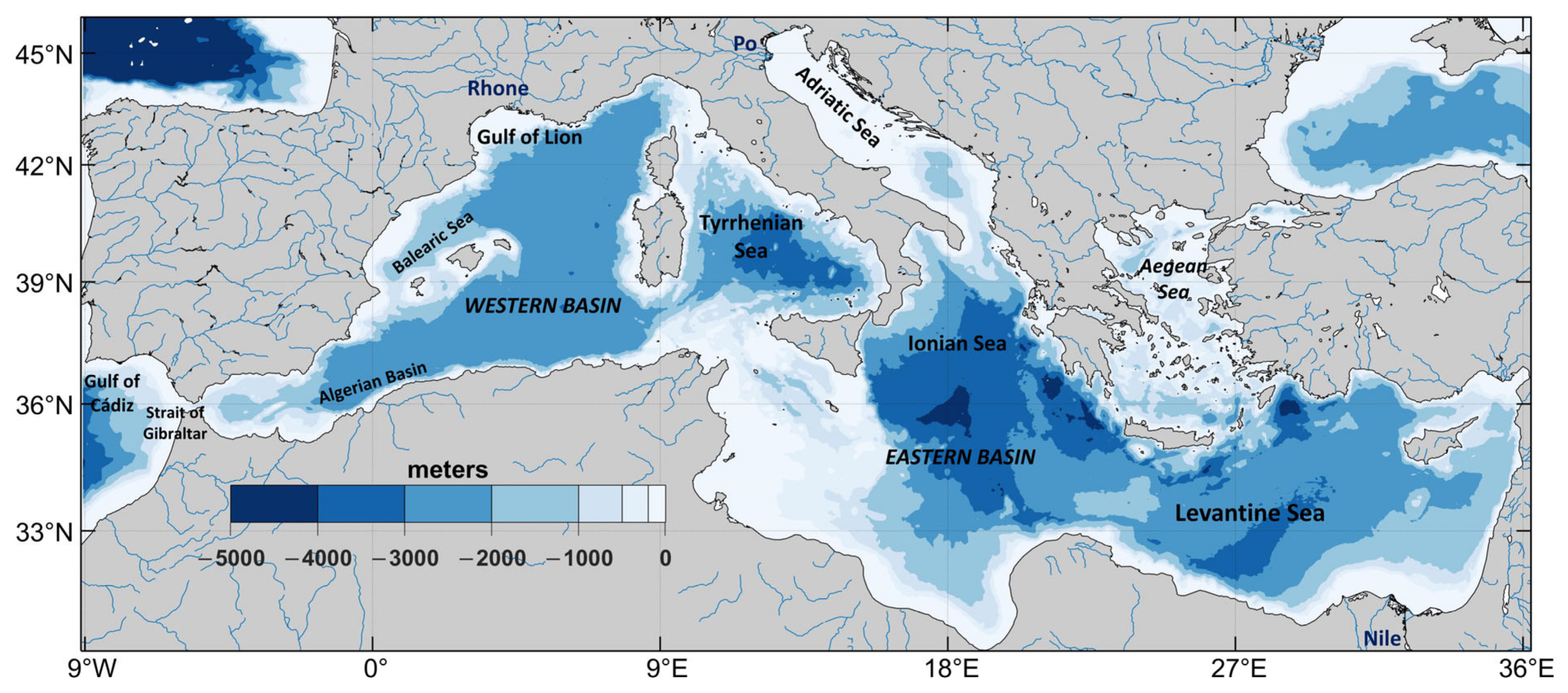 Depth chart of the Mediterranean Sea