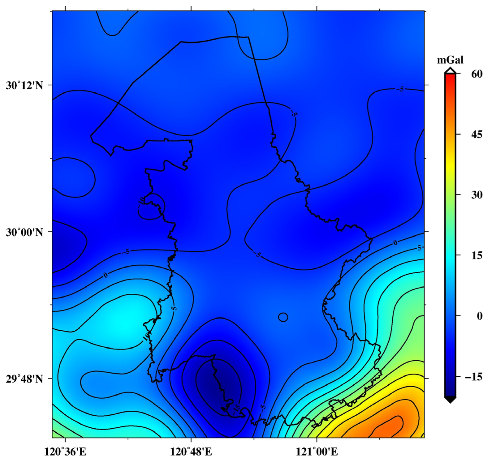 a) is a contour plot of gravity anomaly computed via the difference