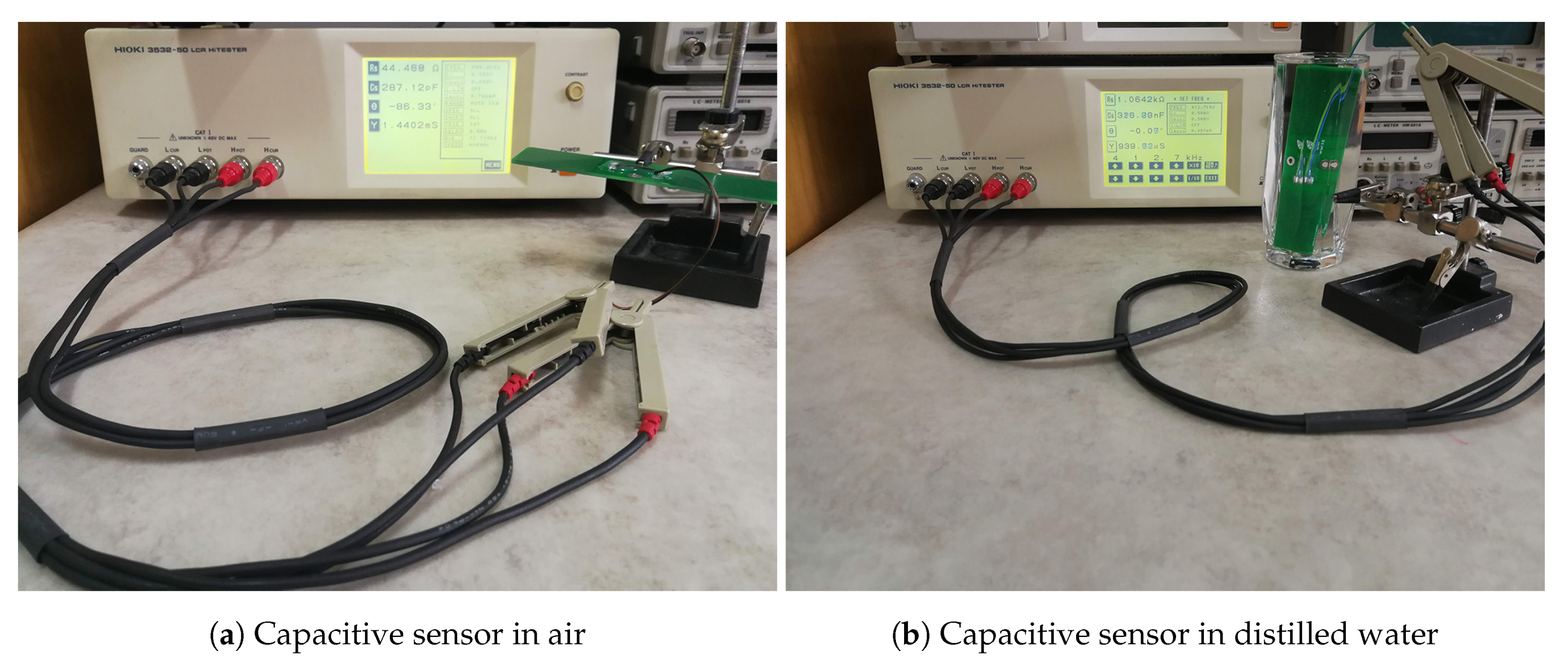 Measuring the capacitance of the sensor using an LCR meter.