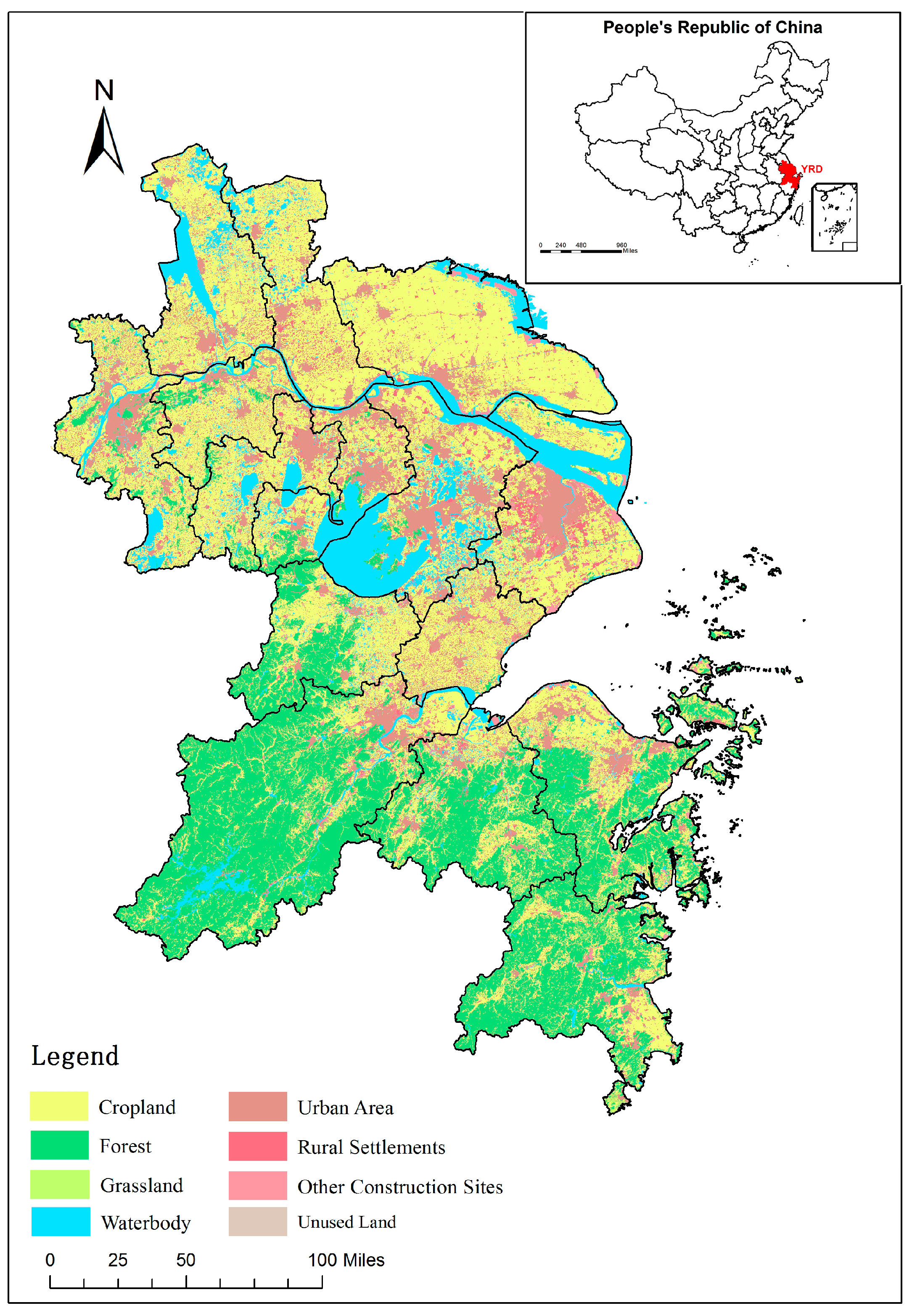 Croplands associated with interregional trade; the color of the regions