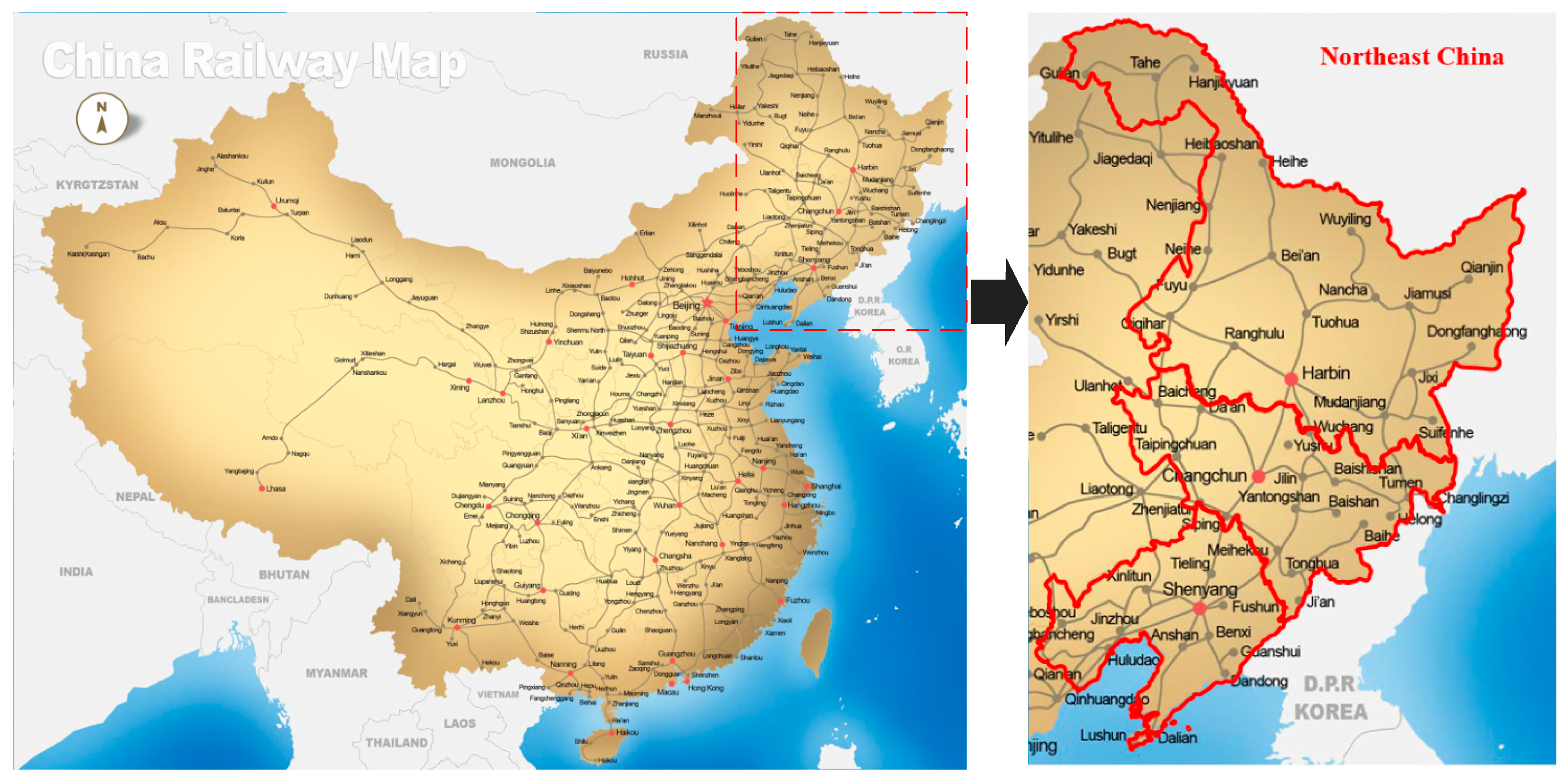 North east china. Дунбэй на карте. China Railway Map.