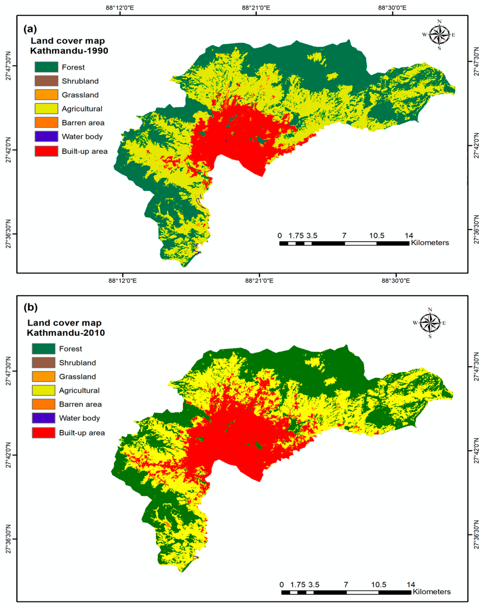 Land use and land cover change (LULC) change map of the Kathmandu district in 1990 (a) and 2010 (b)