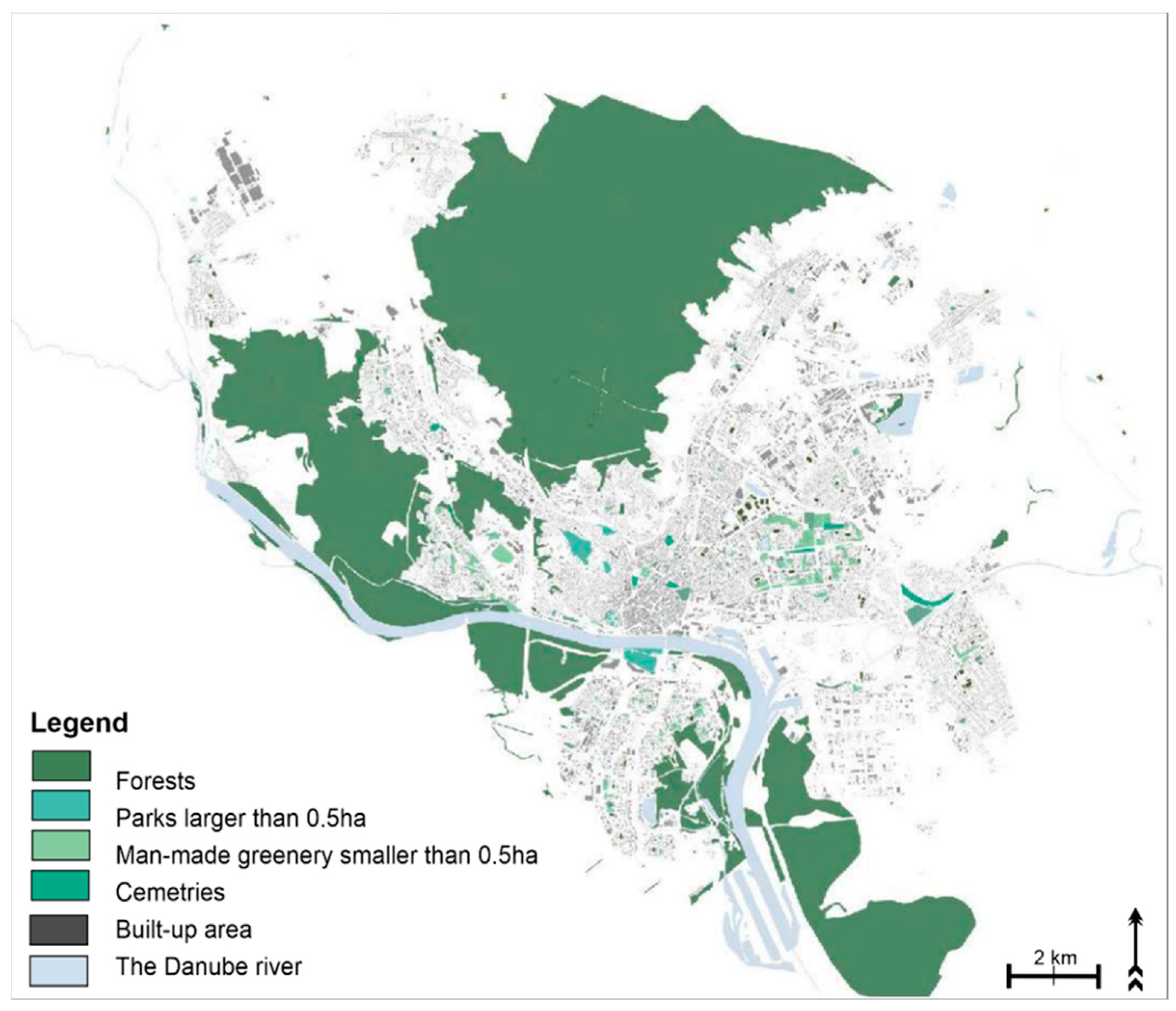 Location of the green spaces included in the case study. Prepared