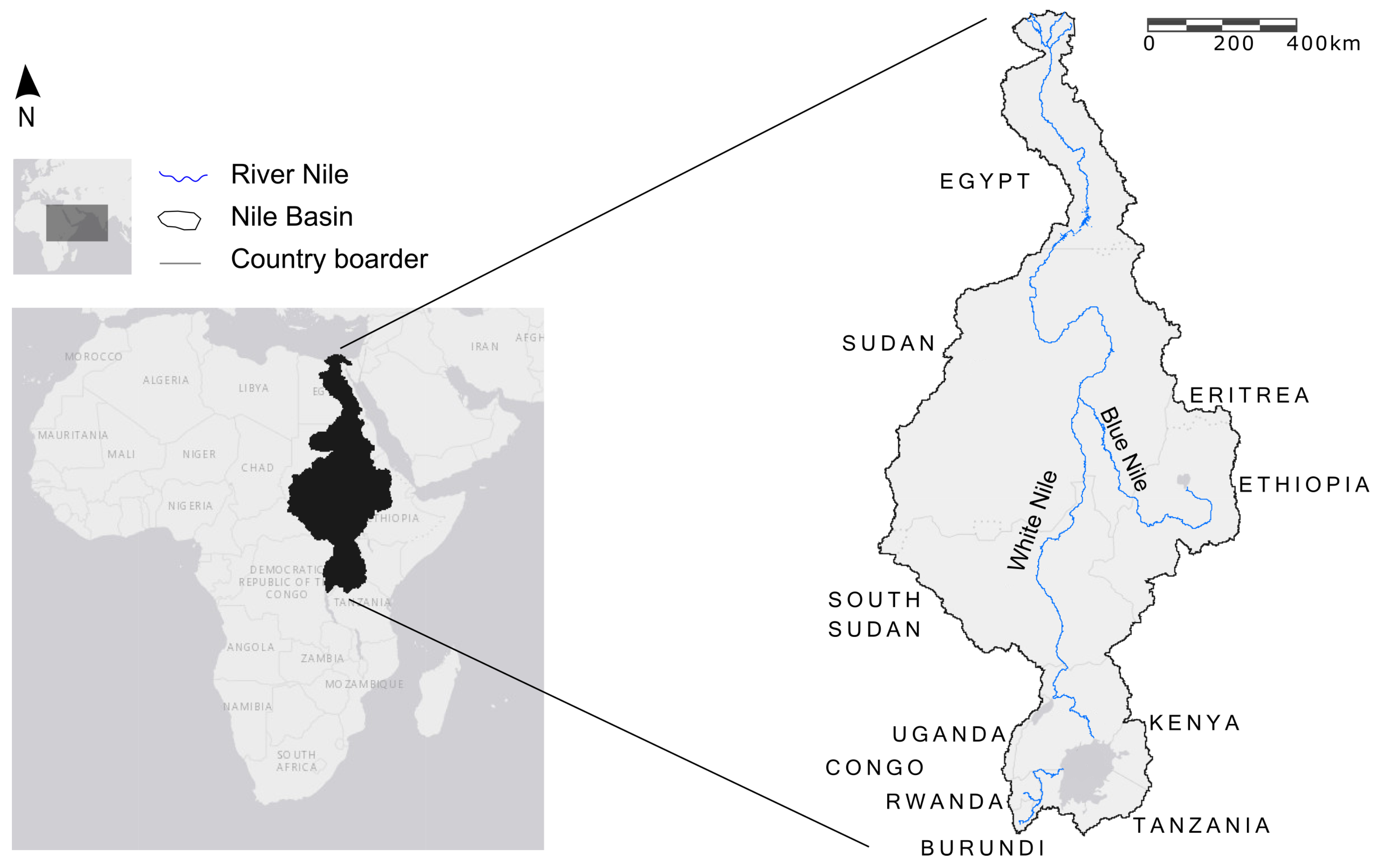 Бассейн реки Нил на контурной карте