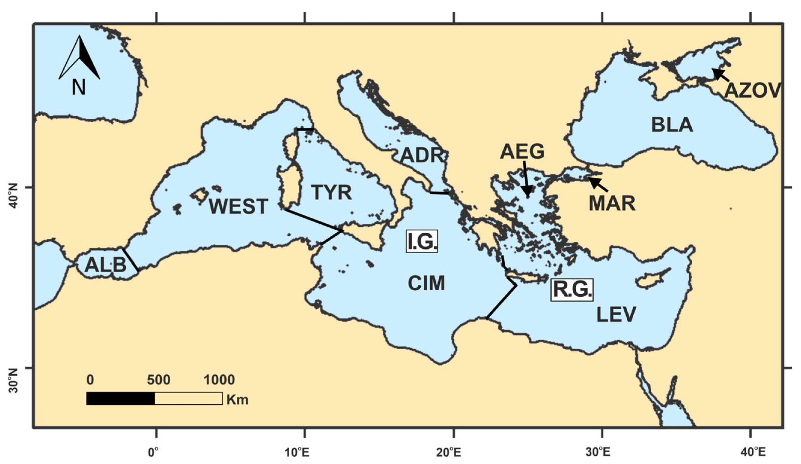 Sea water mass circulation in the Mediterranean Sea.